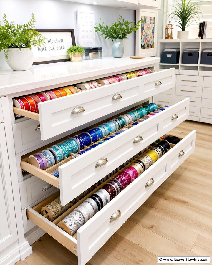 Ribbon Storage Drawers with Spool Holders - 20 Ribbon Storage Ideas- Organize Your Craft Supplies