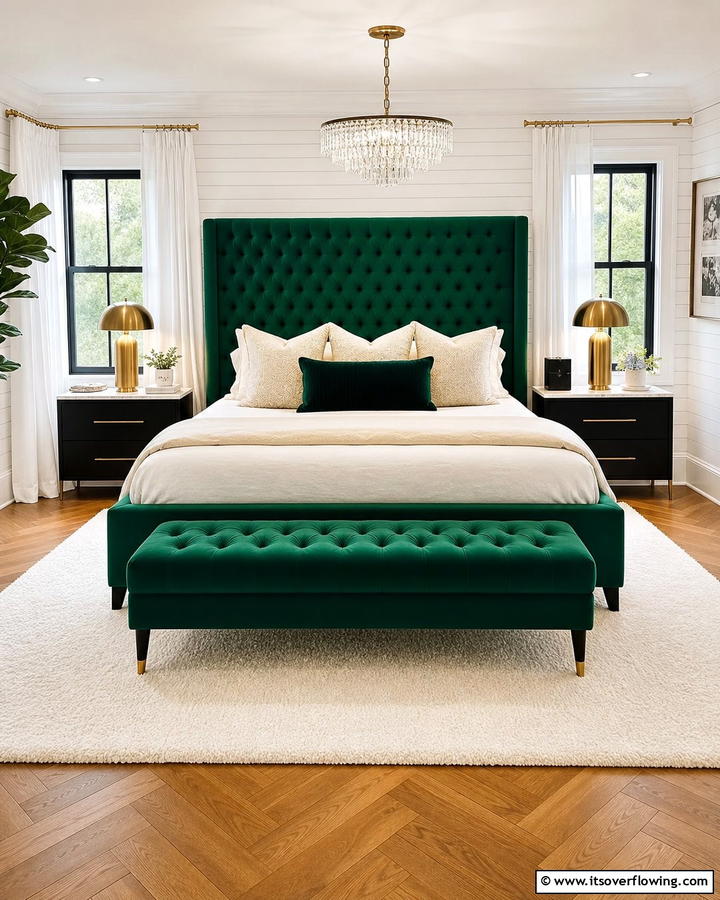 Rich Emerald Upholstered Furniture - 21 Dark Green Bedroom Ideas- Moody & Luxurious Spaces