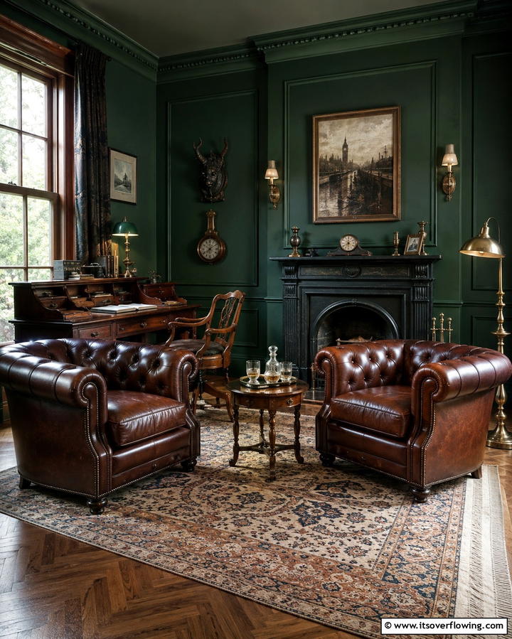 Rich Leather Armchairs - 25 Victorian Dark Green Living Room Ideas for Drama