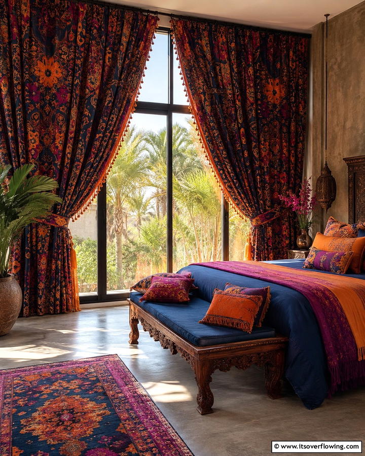 Rich Tapestry Curtains - 30 Moody Dark Boho Bedroom Decor Inspirations for Cozy Nights