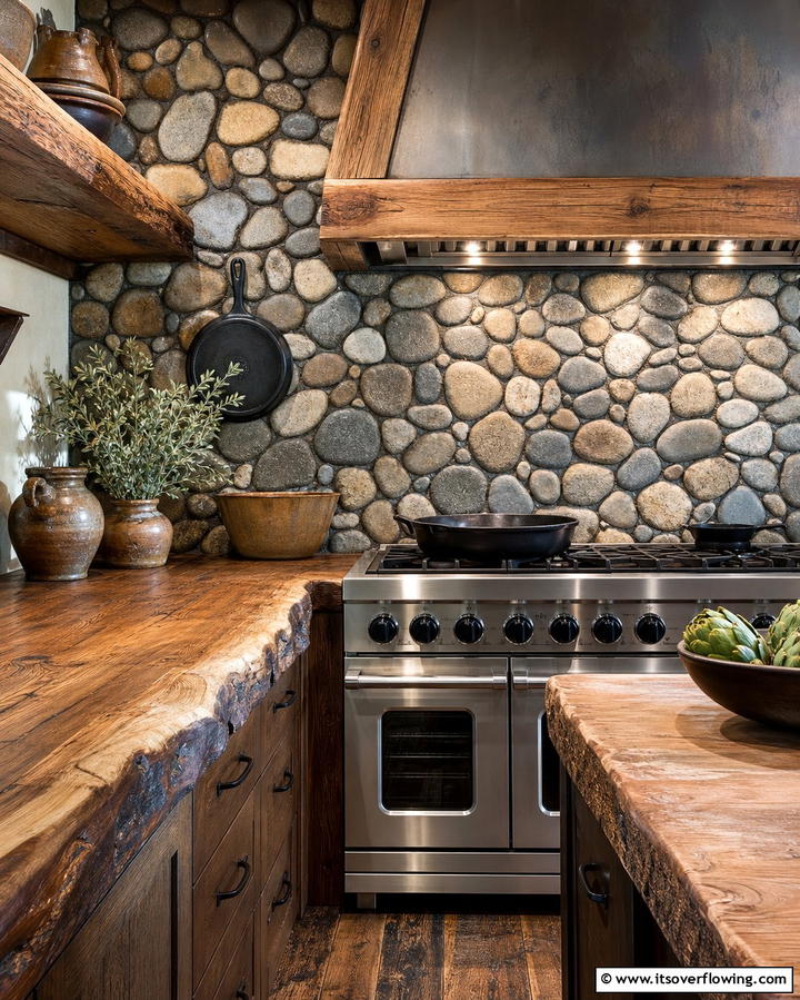 River Rock Backsplash - 25 Rustic Backsplash Ideas for a Farmhouse Kitchen
