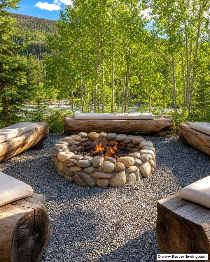 River Rock Fire Pit with Timber Seating - 25 Rock Fire Pit Ideas for Outdoor Gatherings