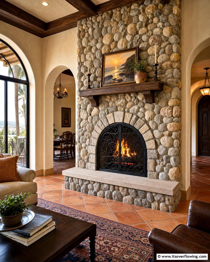River Rock Fireplace with Arched Opening - 25 River Rock Fireplace Ideas for a Natural Look