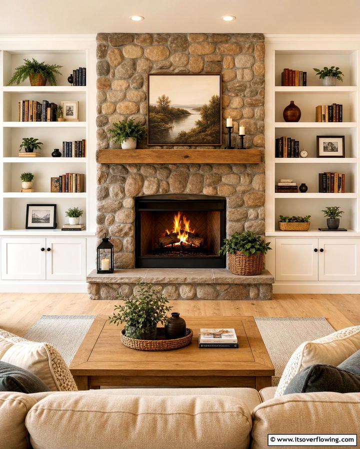 River Rock Fireplace with Built In ShelvingExact - 25 River Rock Fireplace Ideas for a Natural Look