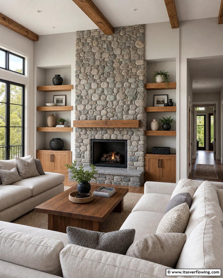 River Rock Fireplace with Built In ShelvingOne - 25 River Rock Fireplace Ideas for a Natural Look