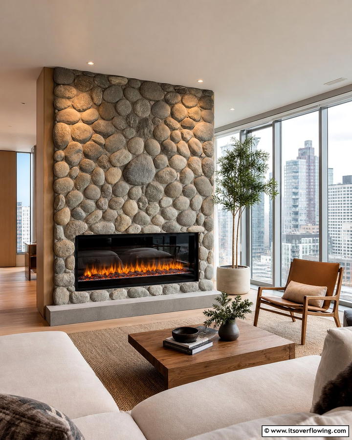 River Rock Fireplace with Modern Inserts - 25 River Rock Fireplace Ideas for a Natural Look