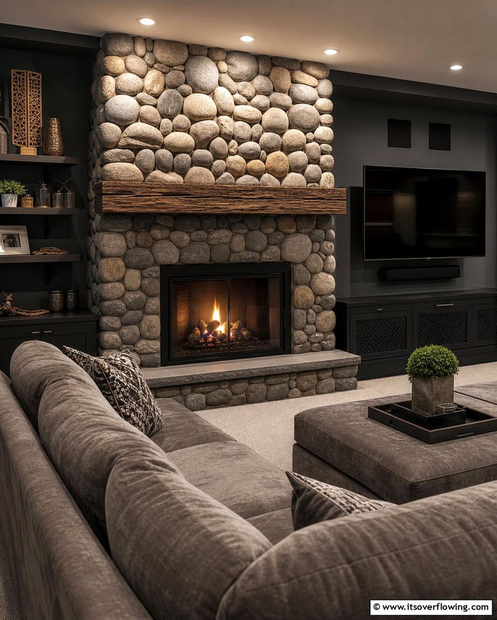 River Rock Fireplace with Recessed Lighting - 25 River Rock Fireplace Ideas for a Natural Look