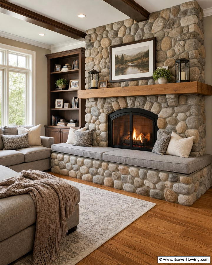 River Rock Fireplace with a Built In Hearth - 25 River Rock Fireplace Ideas for a Natural Look