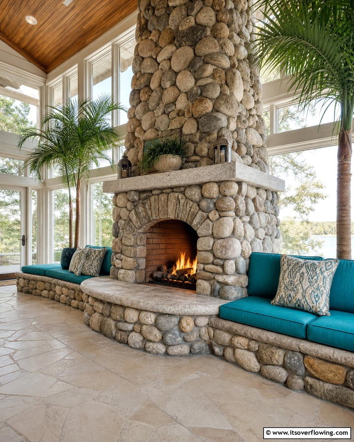 River Rock Fireplace with a Built In Seating Area - 25 River Rock Fireplace Ideas for a Natural Look
