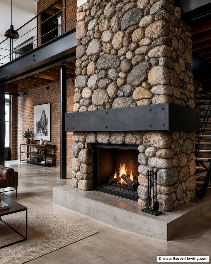 River Rock Fireplace with a Metal Accent Mantel - 25 River Rock Fireplace Ideas for a Natural Look