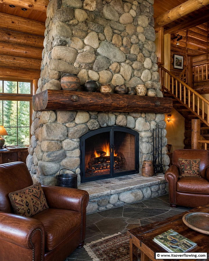 River Rock Fireplace with a Timber Mantle - 25 River Rock Fireplace Ideas for a Natural Look