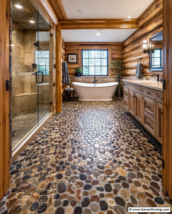River Rock Flooring - 25 Log Cabin Bathroom Ideas for a Rustic and Relaxing Retreat