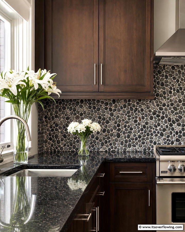 River Rock Mosaic for Natural Elegance - 25 Rustic Backsplash Ideas for a Farmhouse Kitchen