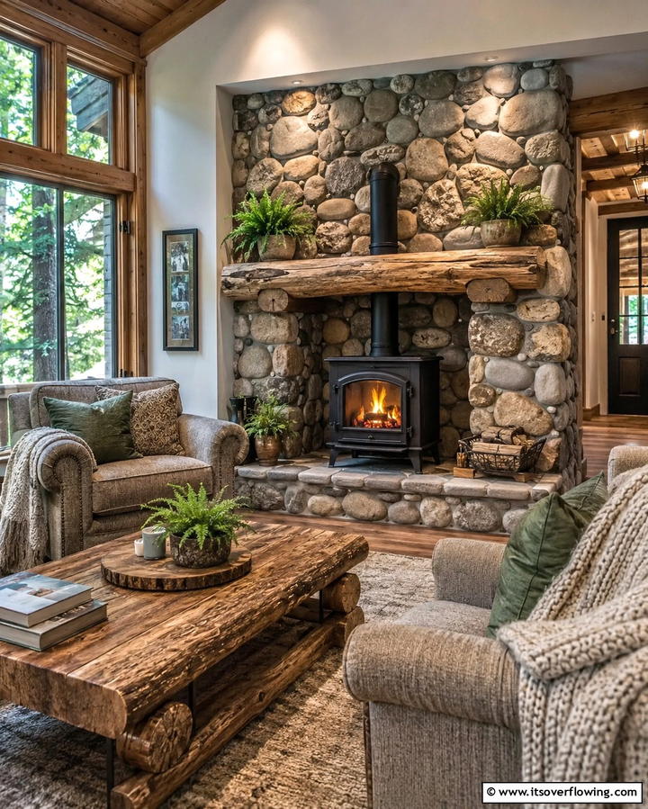 River Rock Surround for a Natural Aesthetic - 30 Cozy Wood Stove Surround Design Inspirations