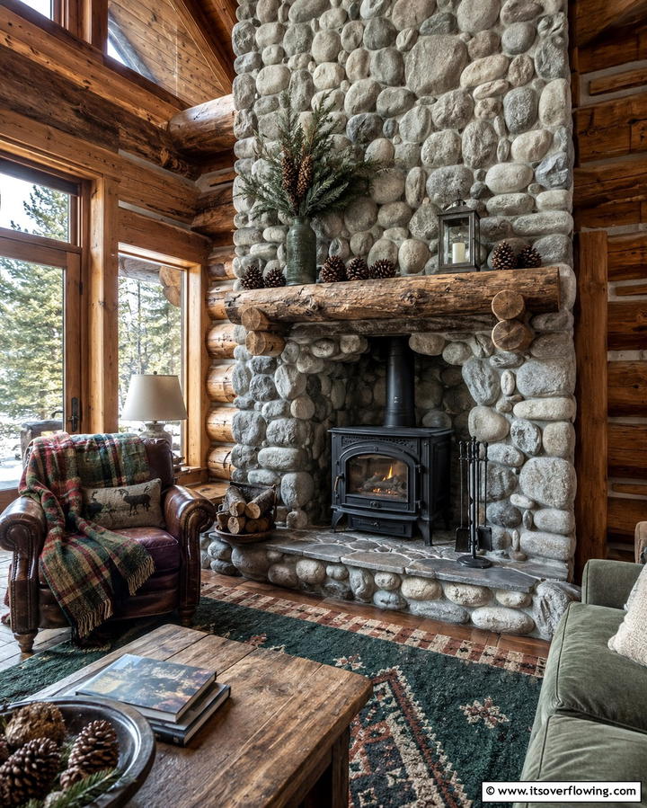 River Rock Surround - 30 Cozy Wood Stove Surround Design Inspirations