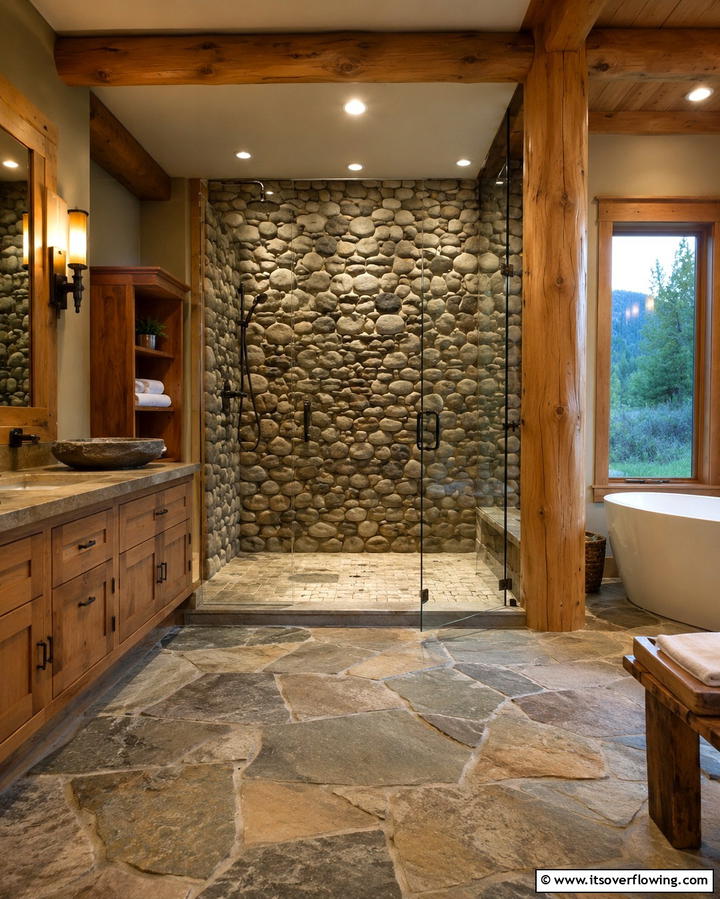 River Rock Walls for a Nature Inspired Look - 25 Rustic Walk-in Shower Ideas for a Spa-Like Bathroom