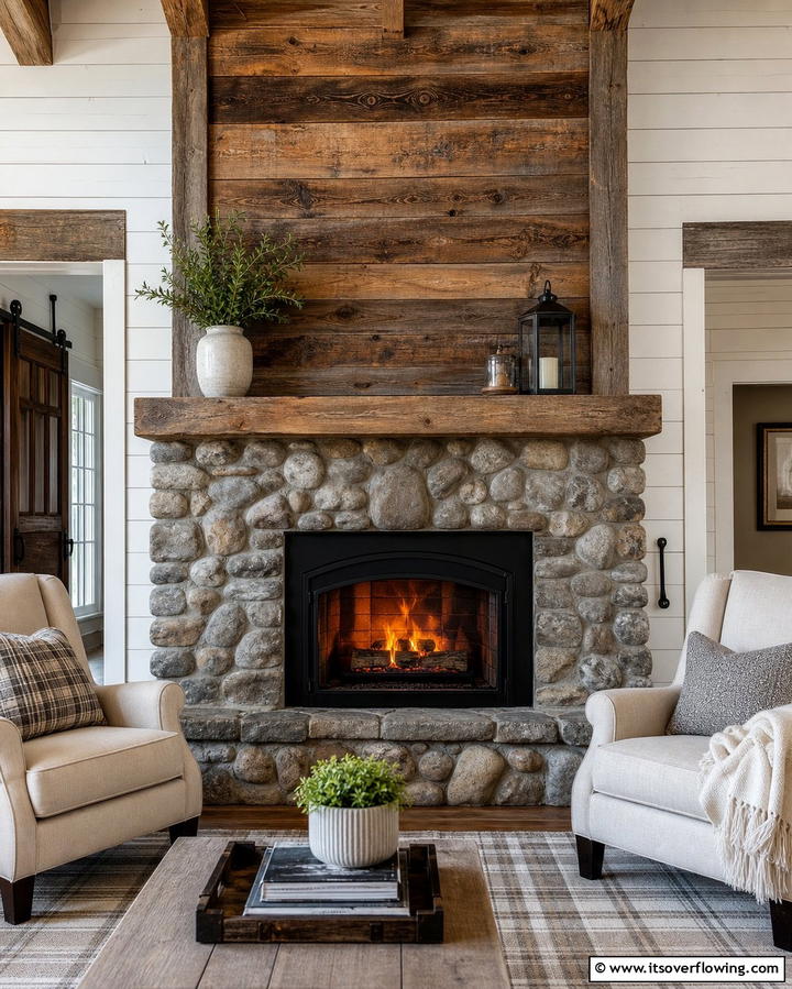 River Rock and Reclaimed Wood Combination - 25 River Rock Fireplace Ideas for a Natural Look