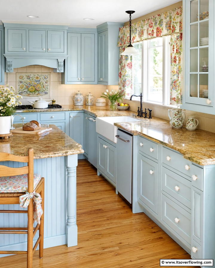 Robins Egg Blue Cabinets with Golden Brown Granite - 20 Blue Kitchen Cabinets With Brown Granite Countertops