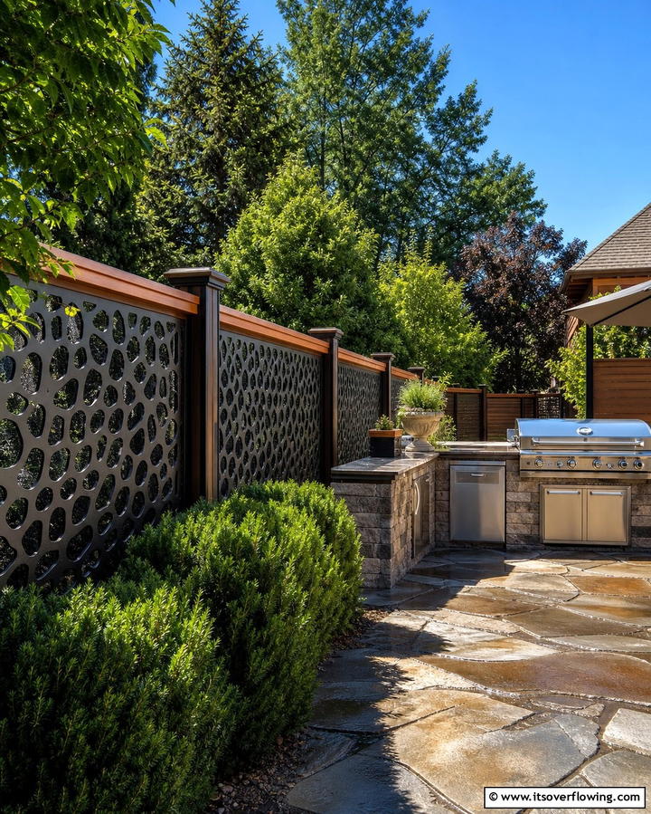 Robust Statement with Stone Like Metal Panels and Wooden Tops - 25 Metal and Wood Fence Ideas for Durable Boundaries