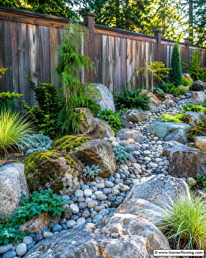 Rock Feature Enhancement - 30 Simple Fence Line Landscaping Ideas for Curb Appeal