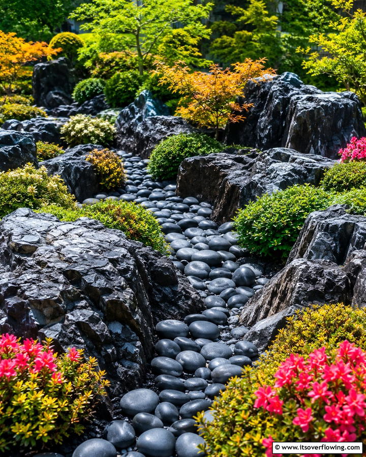 Rock Filled Garden Borders - 30 Natural Black River Rock Landscaping Ideas for Texture