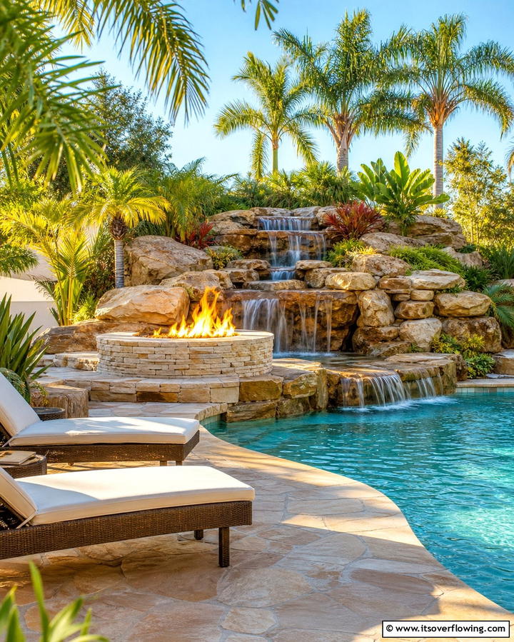 Rock Fire Pit with Waterfall Feature - 25 Rock Fire Pit Ideas for Outdoor Gatherings