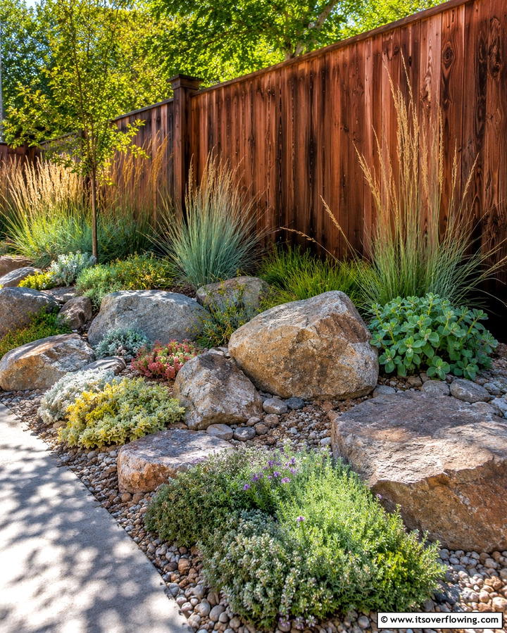 Rock Garden Accent - 30 Simple Fence Line Landscaping Ideas for Curb Appeal