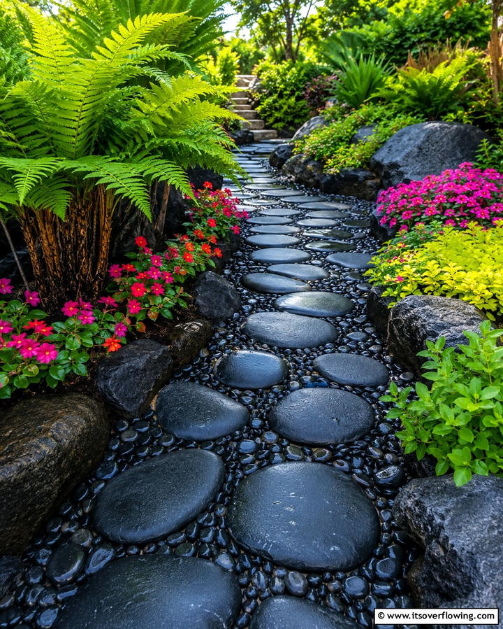 Rock Garden Pathway Design - 30 Natural Black River Rock Landscaping Ideas for Texture