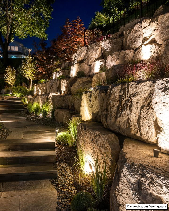 Rock Retaining Wall with Built In Lighting - 20 Natural Rock Retaining Wall Ideas for a Stunning Yard