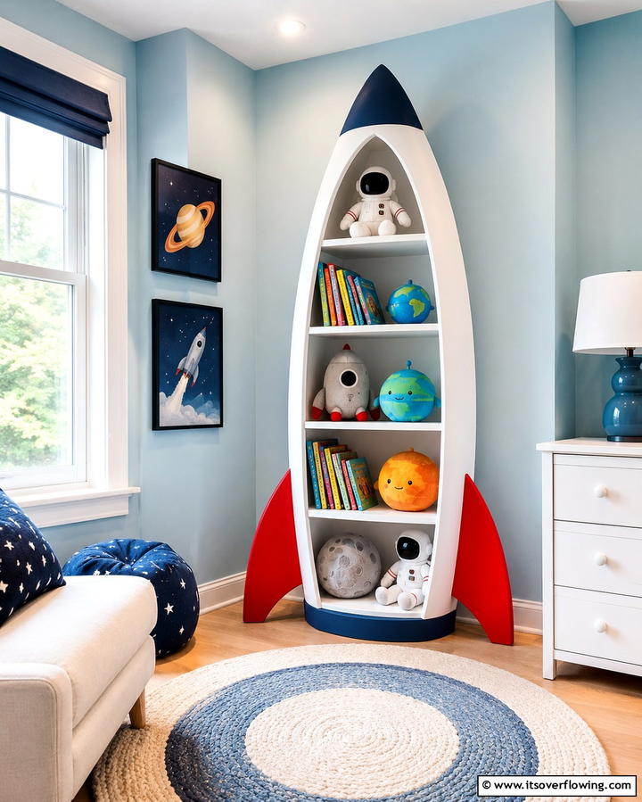 Rocket Shaped Bookshelf - 25 Space-themed Nursery Ideas for a Galactic Dream