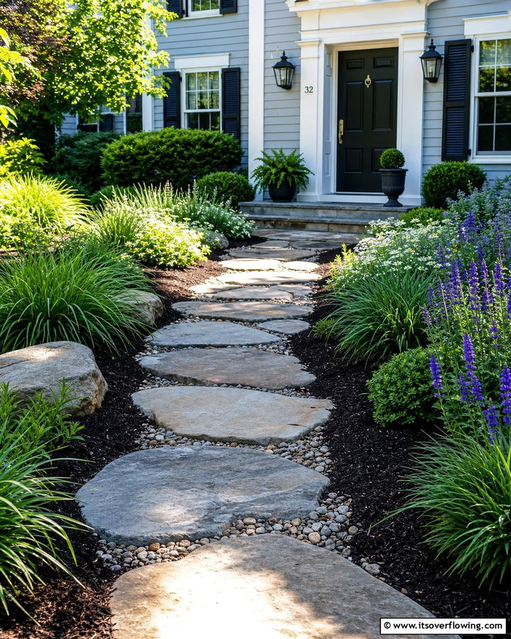 Rocky Pathway Elegance - 21 Front Yard Landscaping Ideas With Rocks and Mulch