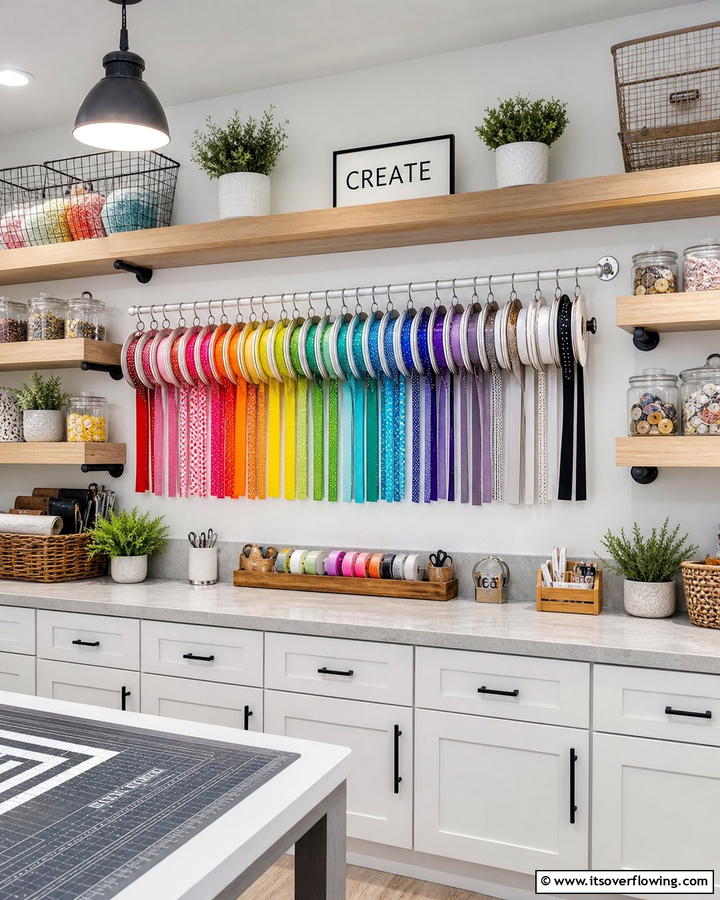 Rod and Curtain Rings Setup - 20 Ribbon Storage Ideas- Organize Your Craft Supplies