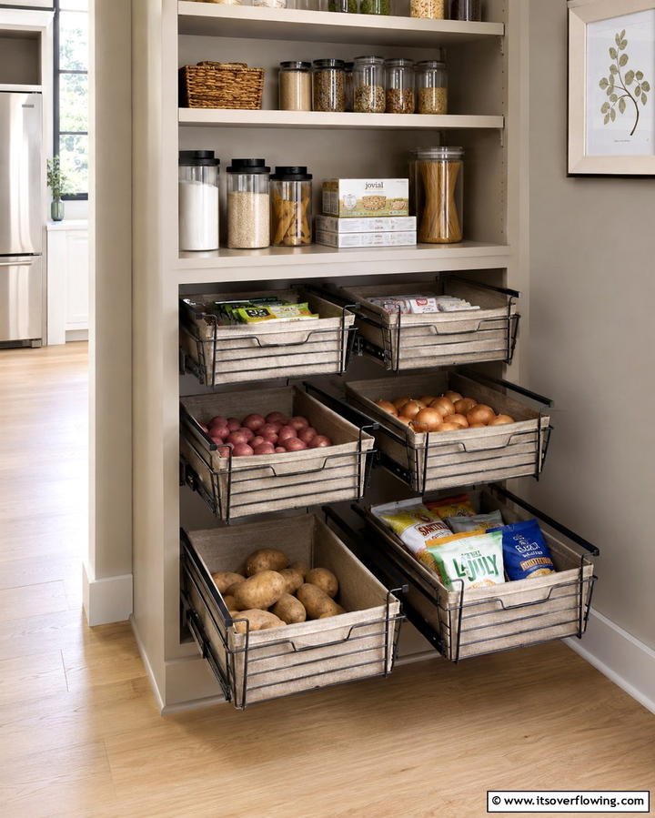 Roll Out Baskets for Organized Storage - 25 Pantry Shelving Ideas for Organized Kitchens