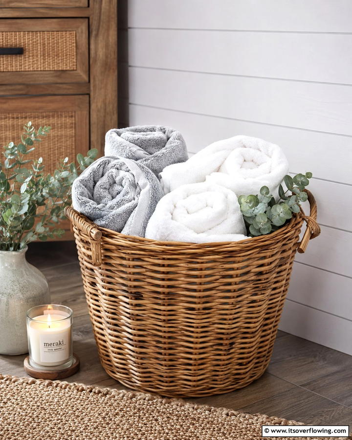 Rolled Towels in a Basket - 25 Towel Display Ideas to Organize Your Bathroom