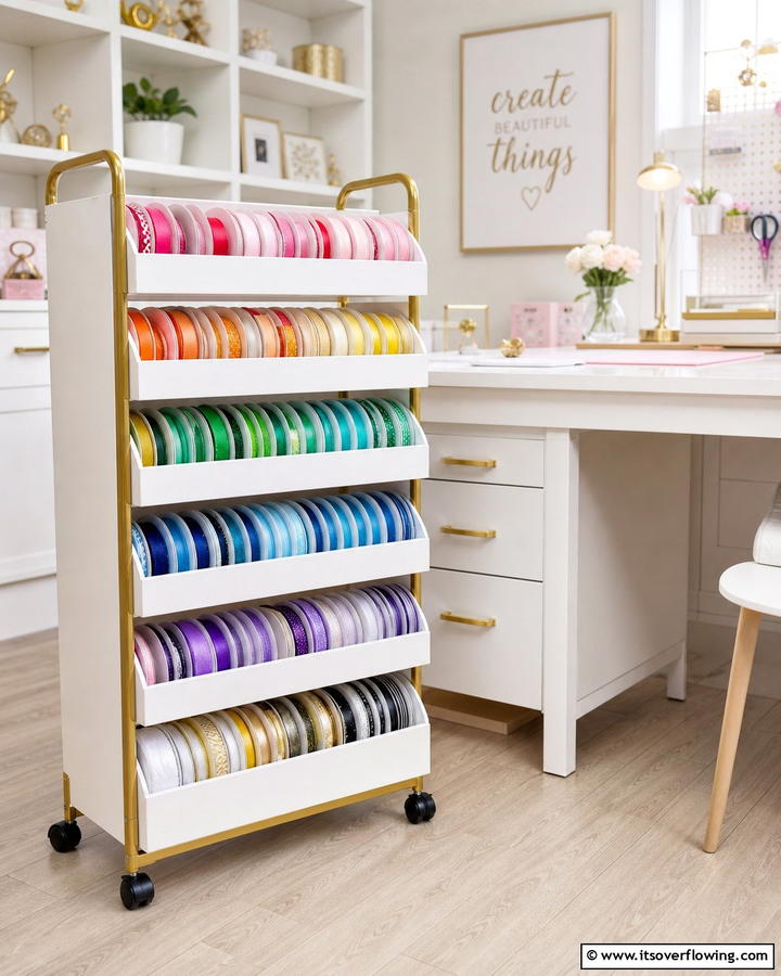 Rolling Cart with Ribbon Compartments - 20 Ribbon Storage Ideas- Organize Your Craft Supplies