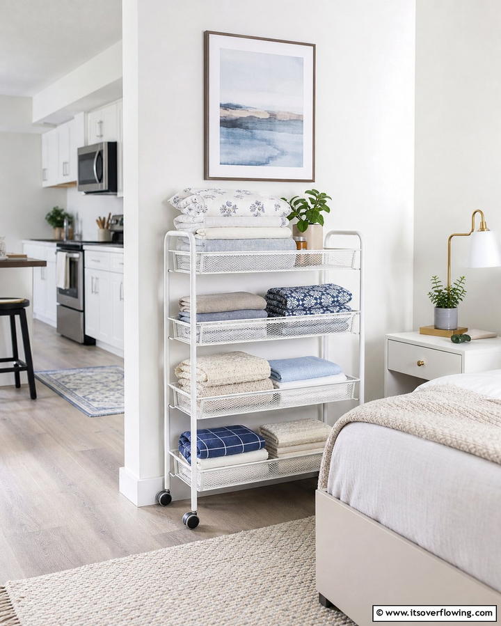 Rolling Storage Carts - 25 Creative Bedding Storage Ideas for Small Spaces