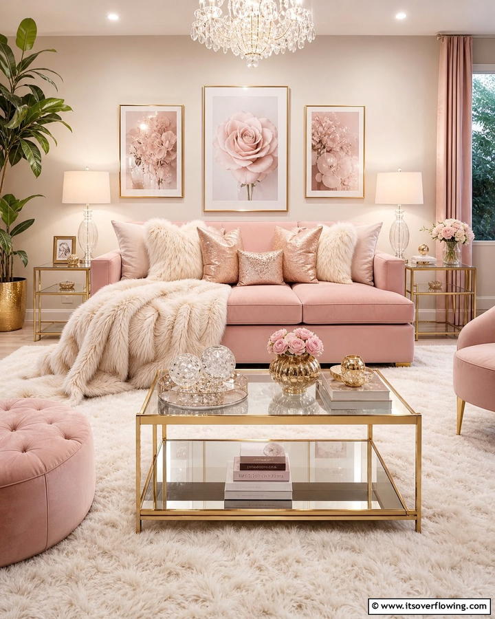 Romantic Blush with Gold Accents - 20 Pink Couch Living Room Ideas for a Bold Statement