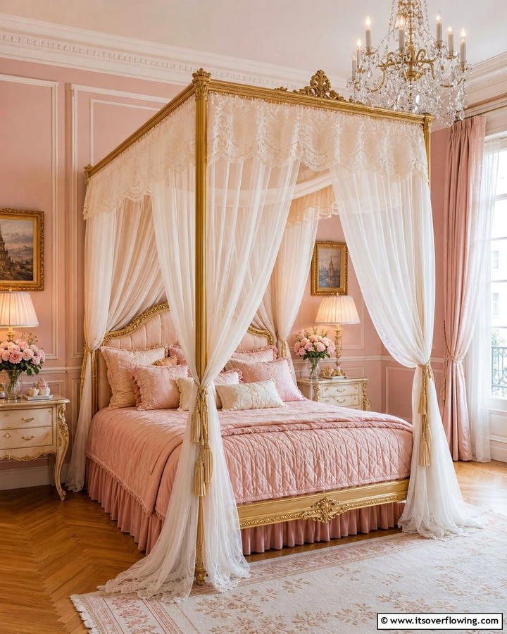 Romantic Canopy Beds with Sheer Drapes - 20 Parisian Themed Bedroom Ideas for Elegant Living