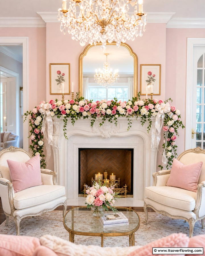 Romantic Rose Theme - 25 Mantel Garland Ideas for a Festive Home Decor
