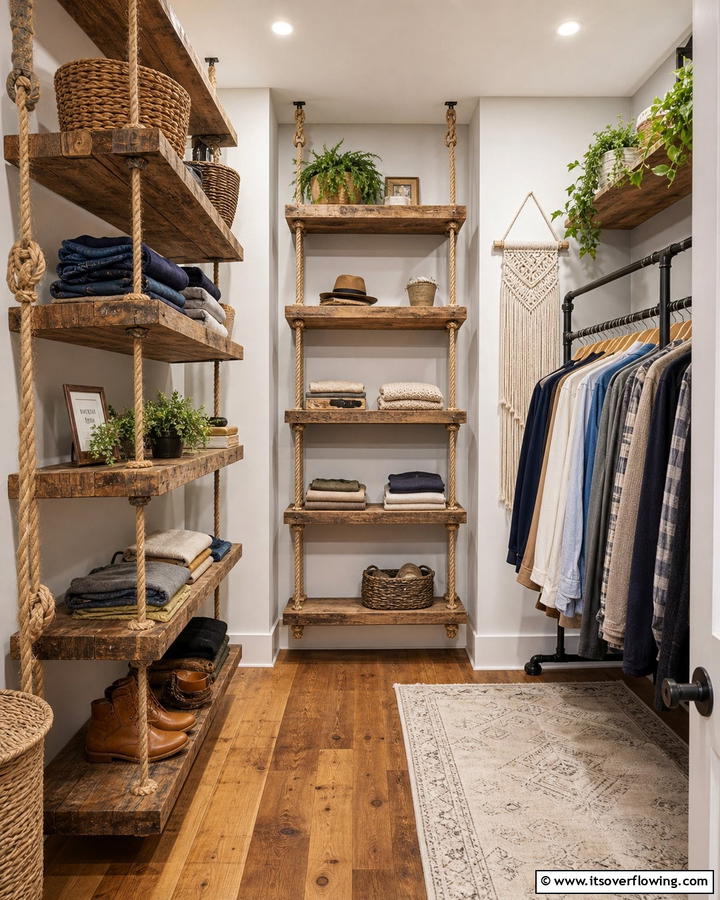 Rope Shelf Supports - 20 Rustic Closet Ideas for a Charming Storage Solution
