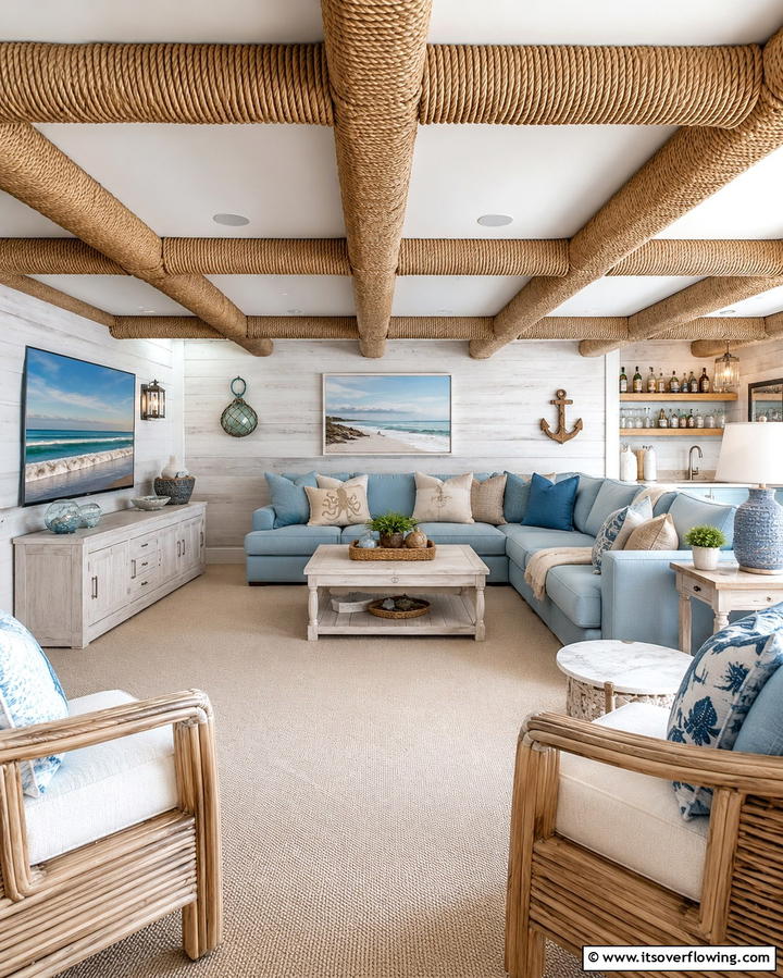 Rope Wrapped Beams for Coastal Charm - 25 Exposed Basement Ceiling Ideas for an Industrial Chic Look