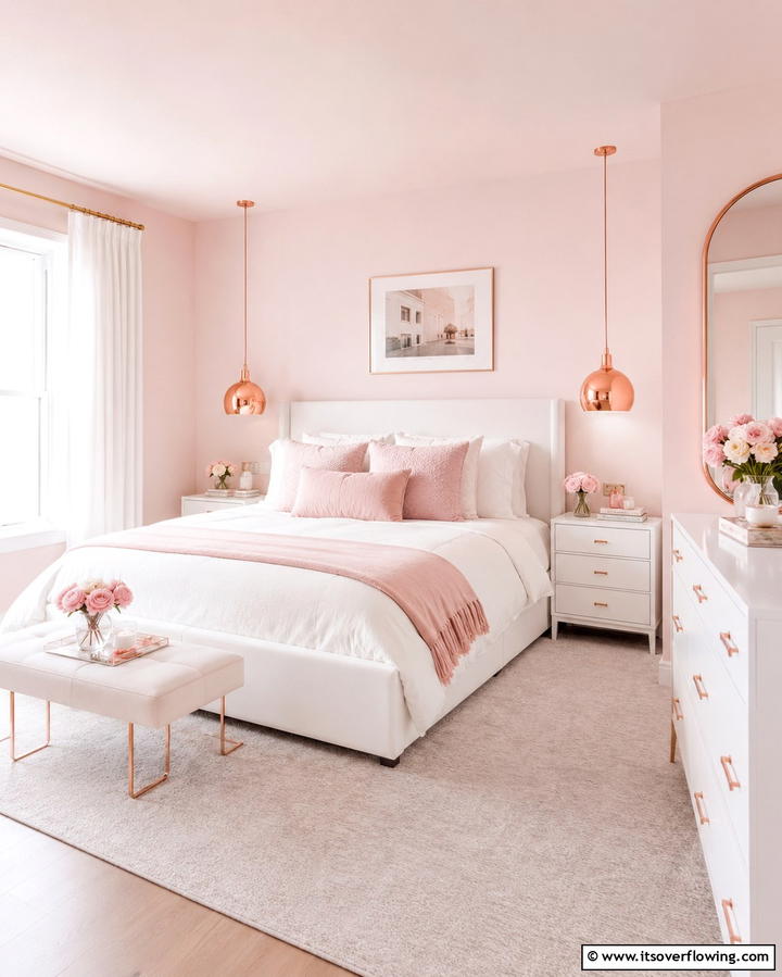 Rose Gold Accents for a Modern Twist - 25 Pink and White Bedroom Ideas for a Fresh and Airy Look