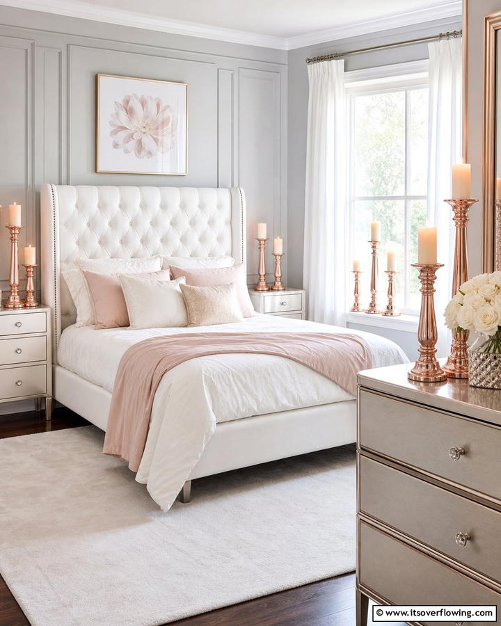 Rose Gold Candle Holders - 20 Rose Gold Bedroom Ideas for a Luxurious Retreat