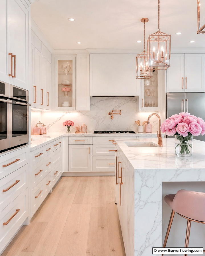 Rose Gold Hardware Accents - 30 Pink Kitchen Ideas to Refresh Your Cooking Space