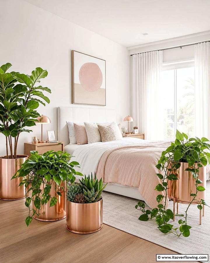 Rose Gold Planters - 20 Rose Gold Bedroom Ideas for a Luxurious Retreat