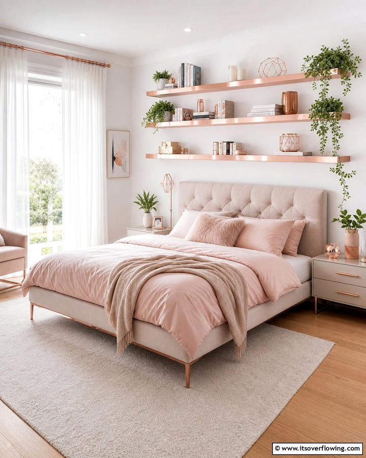 Rose Gold Shelves - 20 Rose Gold Bedroom Ideas for a Luxurious Retreat