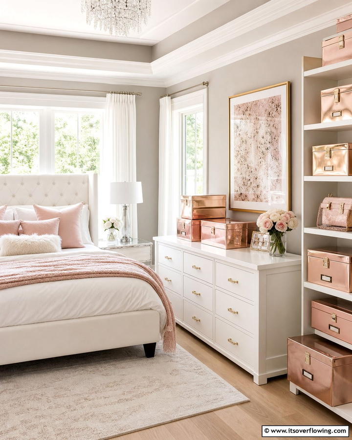 Rose Gold Storage Boxes - 20 Rose Gold Bedroom Ideas for a Luxurious Retreat