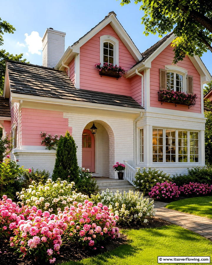 Rose Pink with White Brick - 25 Pink House Exterior Ideas for a Charming Look