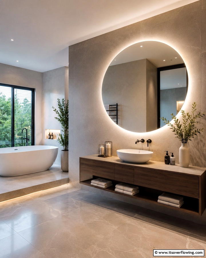Round Mirror with Backlit Glow - 25 Bathroom Lighting Ideas Over Mirror for Perfect Illumination