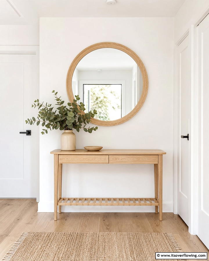 Round Mirror with Wooden Frame - 25 Hallway Mirror Ideas for Stylish and Functional Spaces